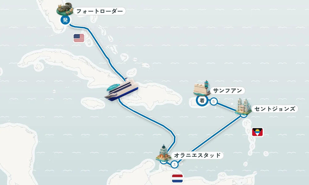 フォートローダーデール（フロリダ州）発 サンフアン（プエルトリコ島）着 オラニエスタッド（オランダ自治領アルバ島）・ウィレムスタット（キュラソー島）・セントジョンズ（アンティグア島） 9日間の航路