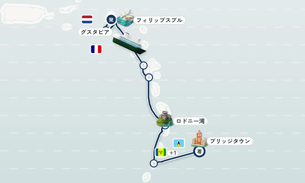フィリップスブルフ（セント・マーチン島）発 ブリッジタウン着 サバ島（オランダ領アンティル）・グスタビア（サン・バルテルミー島）・デエエ（フランス海外県グアドループ島） 8日間の航路