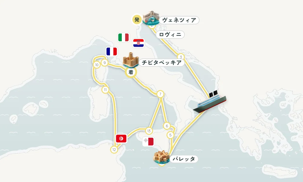 ヴェネツィア発 チビタベッキア（ローマ県）着 ロヴィニ・ヴィス島・バレッタ 17日間の航路