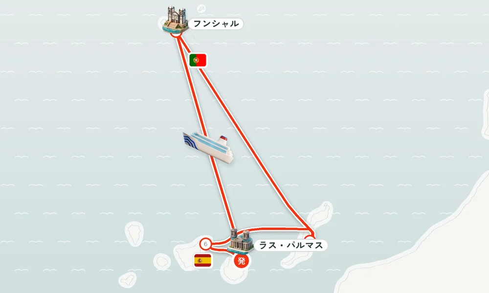 ラス・パルマス・デ・グラン・カナリア（カナリア諸島）発着 フンシャル（マデイラ諸島）・プエルト・デル・ロサリオ（カナリア諸島フエルテベントゥーラ島）・サンタ・クルス・デ・テネリフェ（テネリフェ島 / カナリア諸島） 8日間の航路
