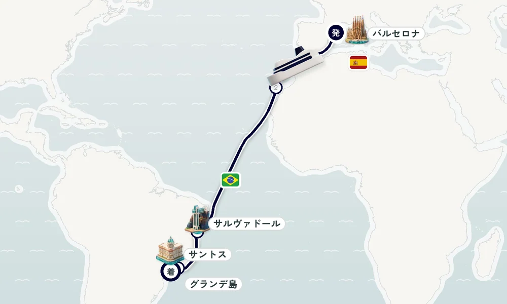バルセロナ発 サントス（サンパウロ州）着 ラス・パルマス・デ・グラン・カナリア（カナリア諸島）・サルヴァドール・イリェウス 16日間の航路