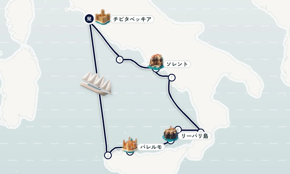 チビタベッキア（ローマ県）発着 トラーパニ（シチリア島）・パレルモ（シチリア島）・リーパリ島 11日間の航路