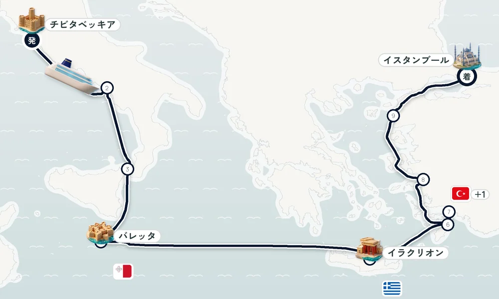 チビタベッキア（ローマ県）発 イスタンブール着 サレルノ・メッシーナ / タオルミーナ（シチリア島）・バレッタ 11日間の航路