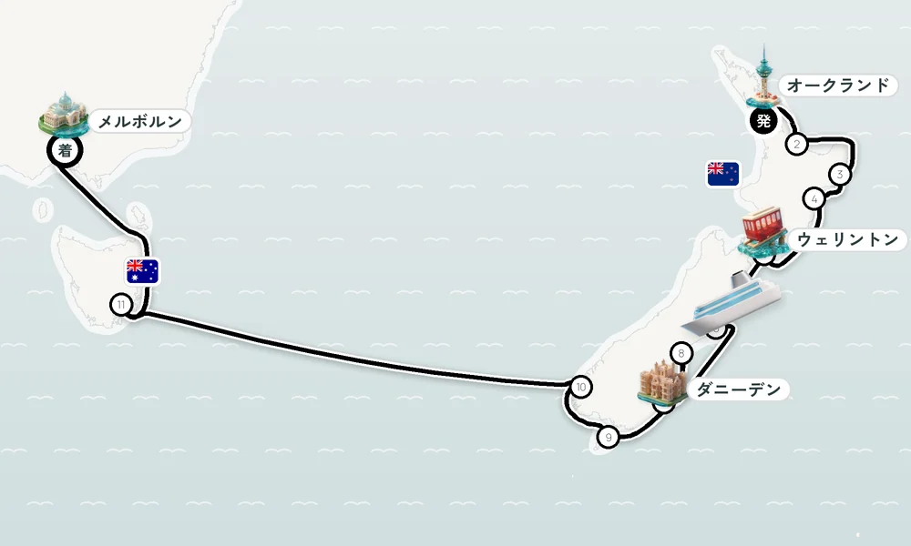 オークランド発 メルボルン（ビクトリア州）着 タウランガ・ギズボーン・ネーピア 15日間の航路