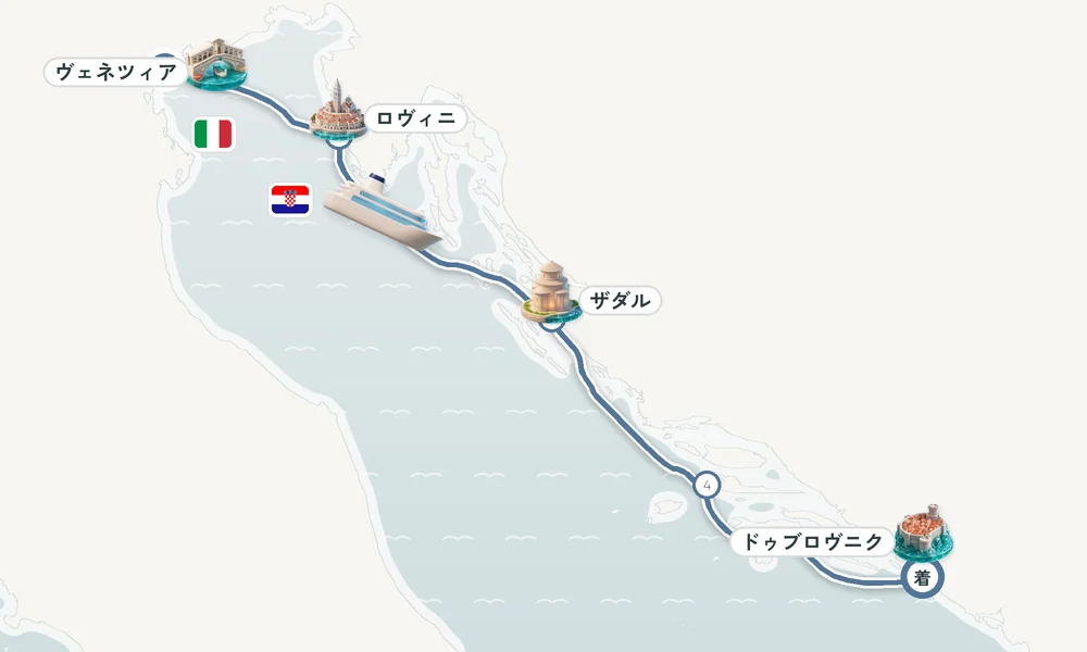 ヴェネツィア発 ドゥブロヴニク着 ロヴィニ・ザダル・フヴァル（フヴァル島） 5日間の航路