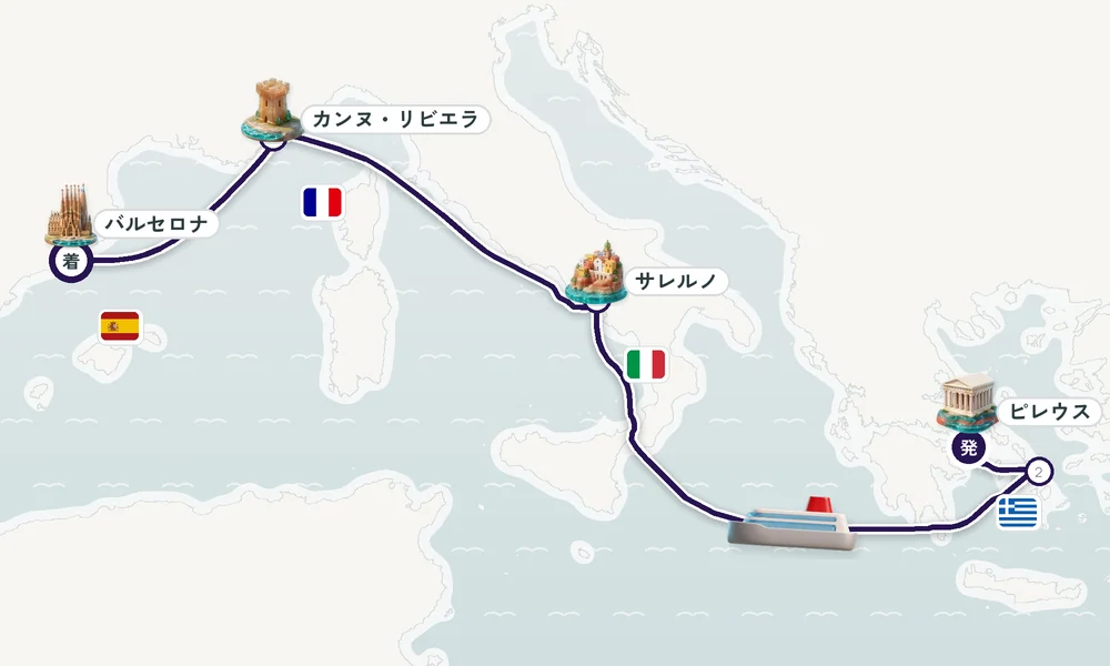 ピレウス（アテネ）発 バルセロナ着 ミコノス島・サレルノ・カンヌ・リビエラ 8日間の航路
