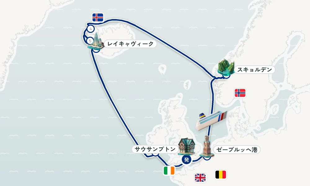 サウサンプトン発着 ゼーブルッヘ港（ブリュージュ）・スキョルデン（ソグネ・フィヨルド）・イーサフィヨルズゥル 15日間の航路