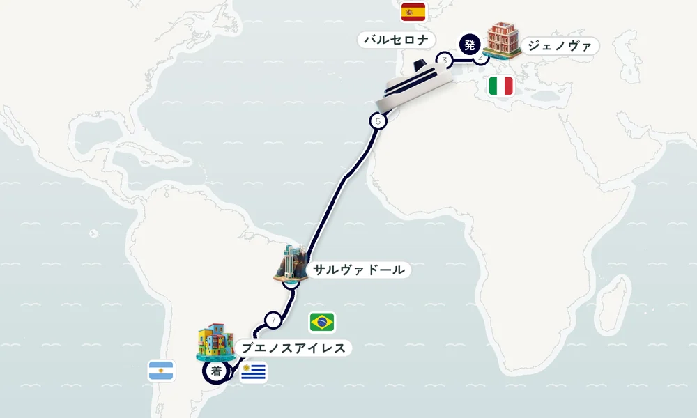 ジェノヴァ発 ブエノスアイレス着 チビタベッキア（ローマ県）・バルセロナ・マラガ 21日間の航路