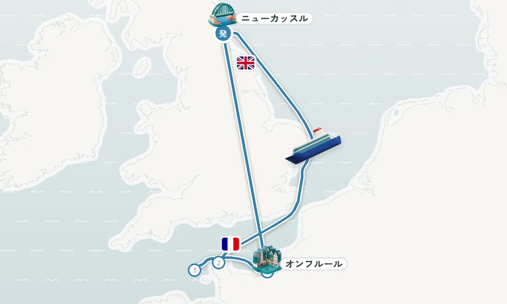 ニューカッスル発着 シェルブール＝オクトヴィル・ガーンジー島 / セント・ピーター・ポート（チャンネル諸島）・オンフルール 8日間の航路