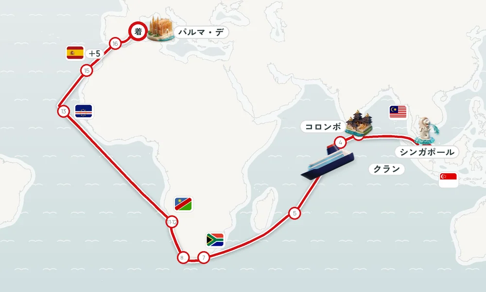 シンガポール発 パルマ・デ・マヨルカ（マヨルカ島）着 クラン（クアラルンプール）・コロンボ・カーフ環礁 43日間の航路