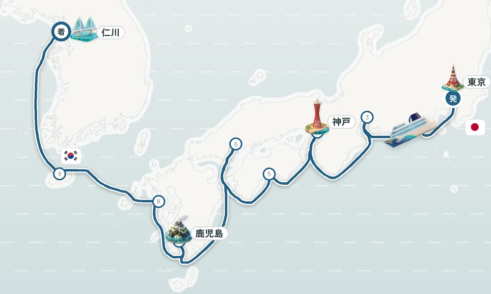 東京発 仁川（インチョン）着 清水（静岡）・名古屋・神戸 10日間の航路
