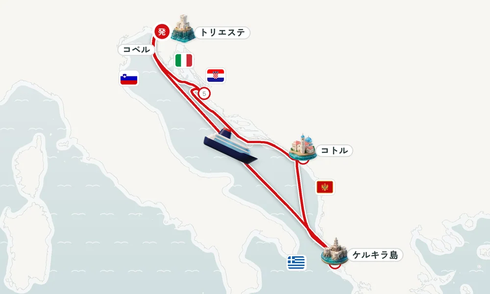 トリエステ発着 コペル・ケルキラ島（コルフ島）・コトル 8日間の航路