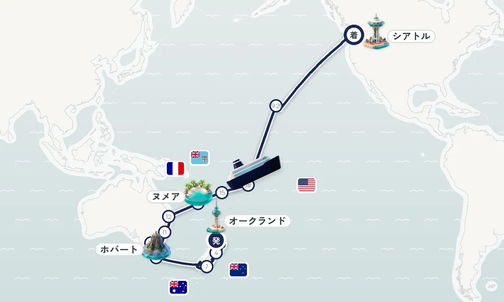 オークランド発 シアトル（ワシントン州）着 タウランガ・ネーピア・ウェリントン 43日間の航路