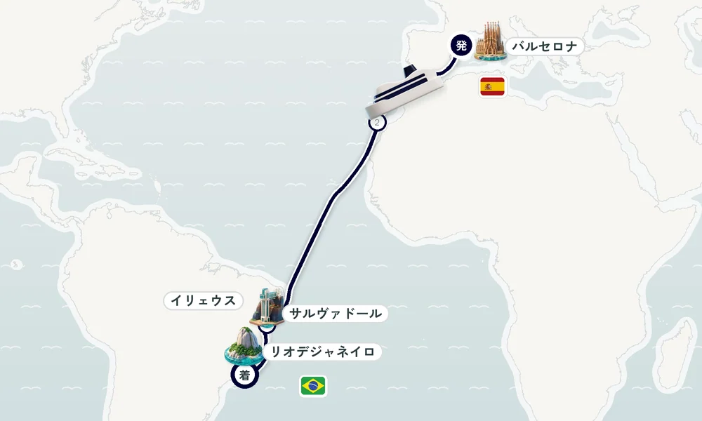 バルセロナ発 リオデジャネイロ着 ラス・パルマス・デ・グラン・カナリア（カナリア諸島）・サルヴァドール・イリェウス 15日間の航路