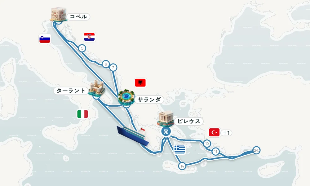 ピレウス（アテネ）発着 ターラント・サランダ・コペル 21日間の航路