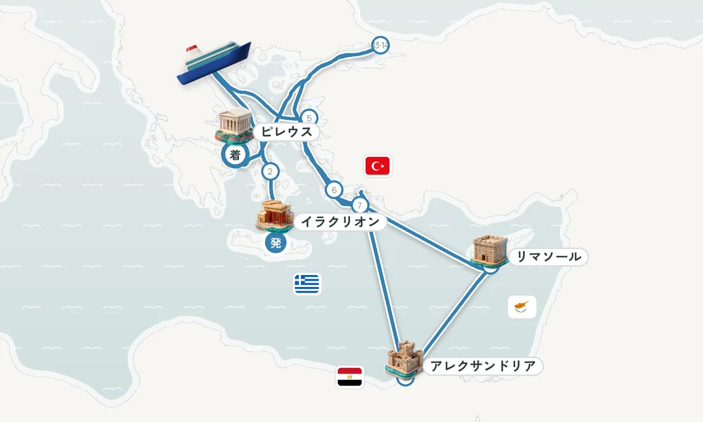 イラクリオン（クレタ島）発 ピレウス（アテネ）着 シロス島・テッサロニキ・レスボス島 21日間の航路