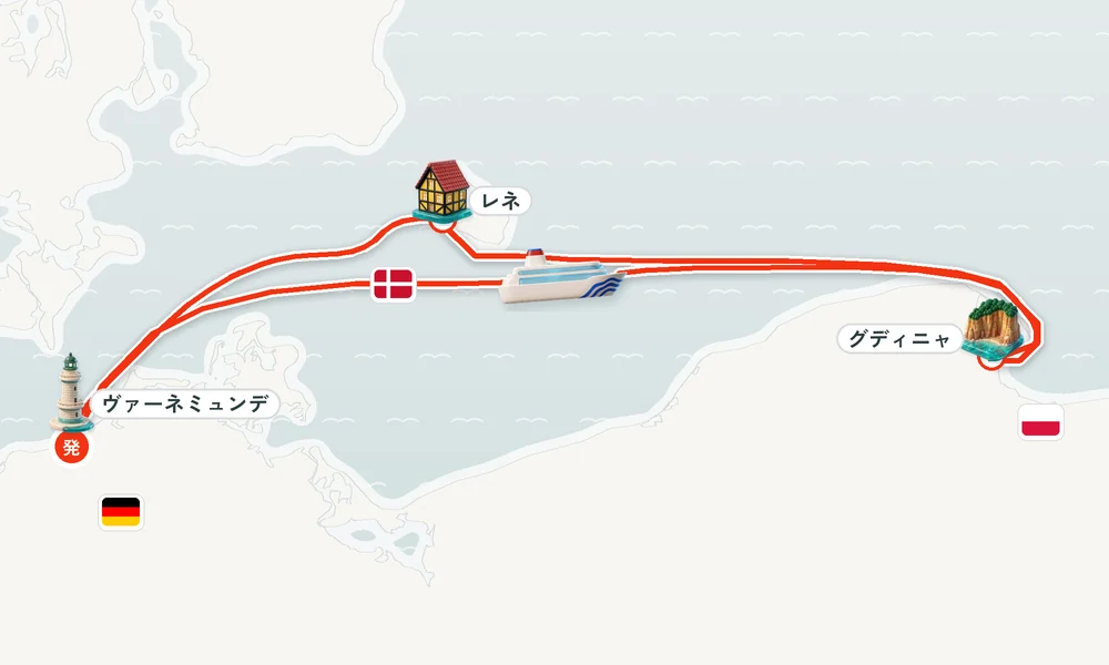 ヴァーネミュンデ（ロストック）発着 グディニャ・レネ（ボーンホルム島） 5日間の航路