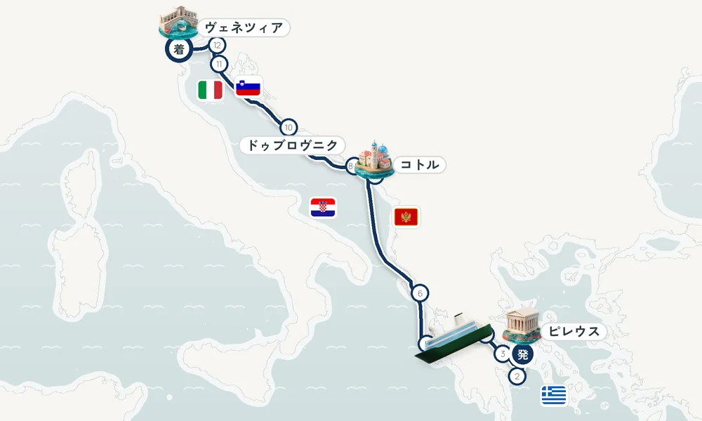 ピレウス（アテネ）発 ヴェネツィア着 イドラ島・コリントス運河・イテア 12日間の航路