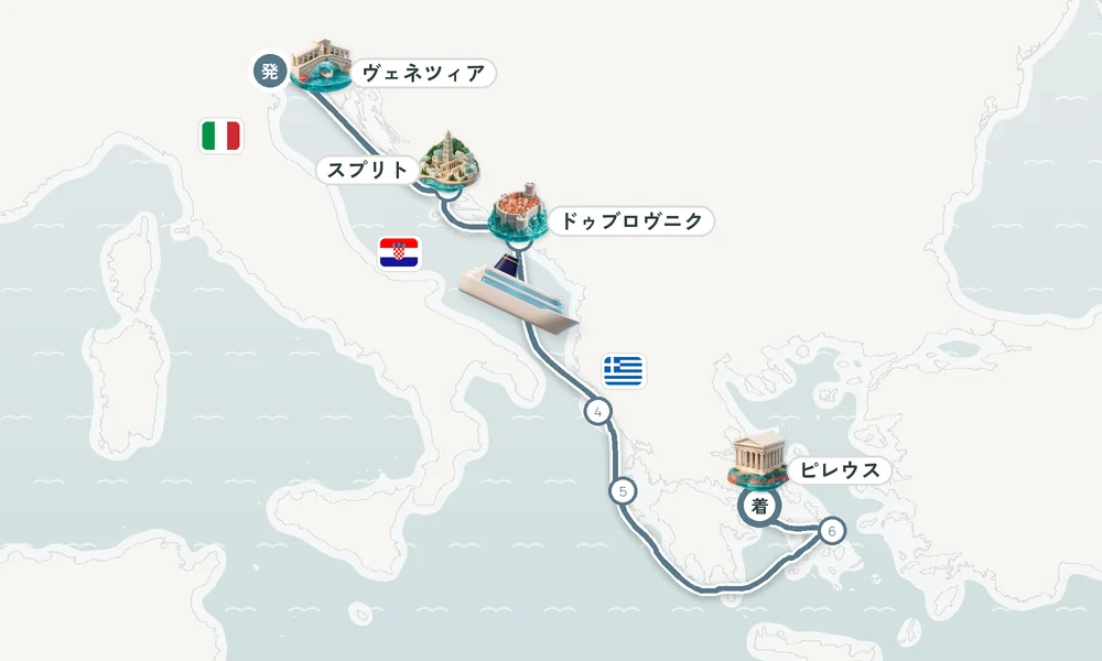 ヴェネツィア発 ピレウス（アテネ）着 スプリト・ドゥブロヴニク・ケルキラ島（コルフ島） 8日間の航路