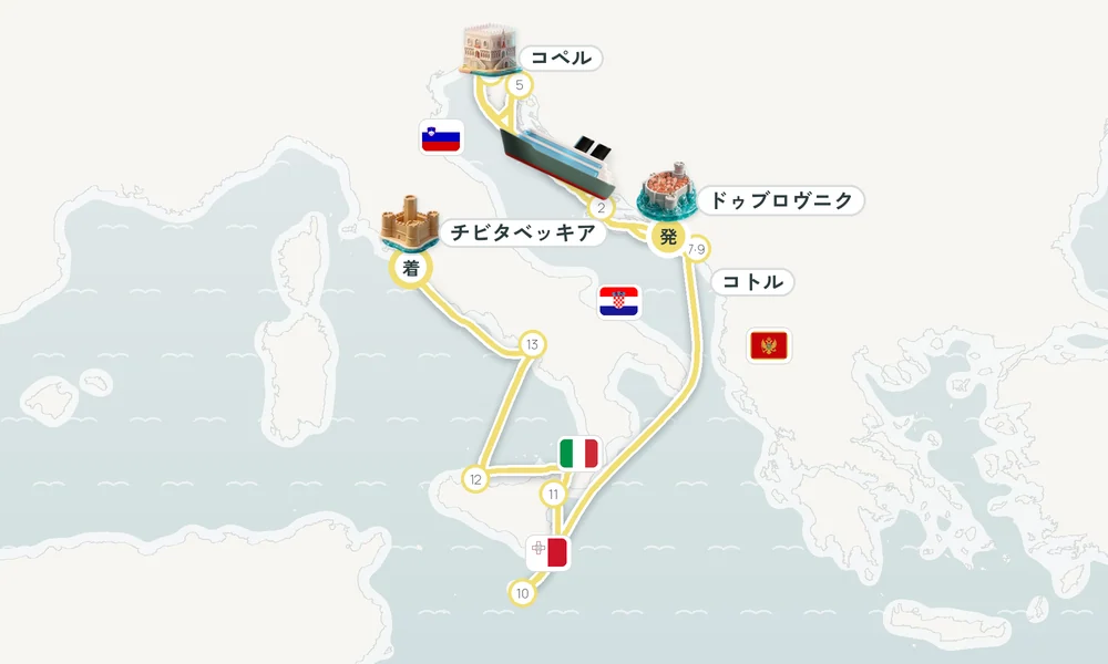 ドゥブロヴニク発 チビタベッキア（ローマ県）着 フヴァル（フヴァル島）・ザダル・コペル 15日間の航路