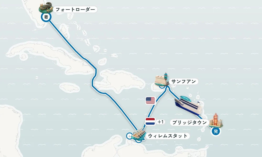 ブリッジタウン発 フォートローダーデール（フロリダ州）着 サンフアン（プエルトリコ島）・ウィレムスタット（キュラソー島）・オラニエスタッド（オランダ自治領アルバ島） 10日間の航路