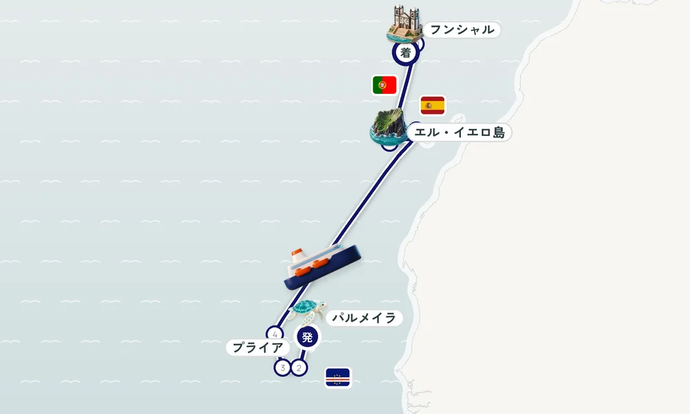 パルメイラ（サル島）発 フンシャル（マデイラ諸島）着 プライア（サンティアゴ島）・サン・フィリペ（フォーゴ島）・ミンデロ（サン・ヴィセンテ島） 15日間の航路