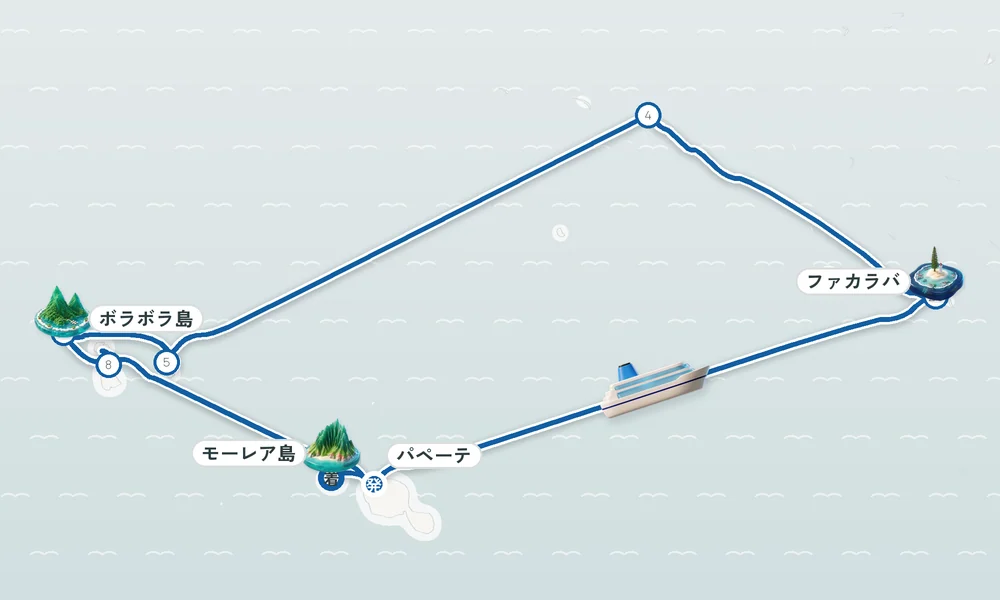 パペーテ（タヒチ島 / フランス領ポリネシア）発 モーレア島（フランス領ポリネシア）着 ファカラバ（フランス領ポリネシア）・ランギロア環礁（トゥアモトゥ諸島 / フランス領ポリネシア）・フアヒネ島（フランス領ポリネシア） 10日間の航路