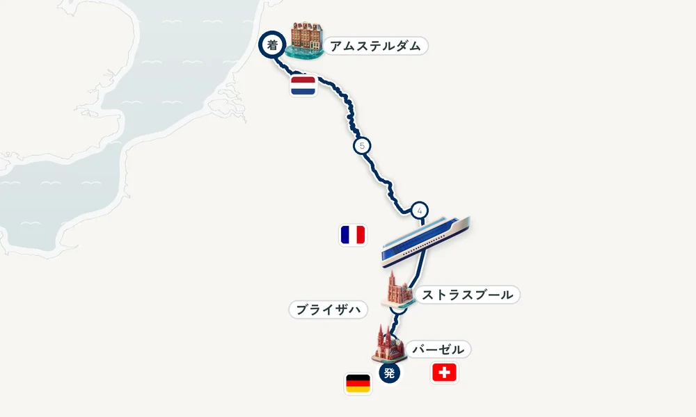 バーゼル発 アムステルダム着 ブライザハ・ストラスブール・マインツ 8日間の航路