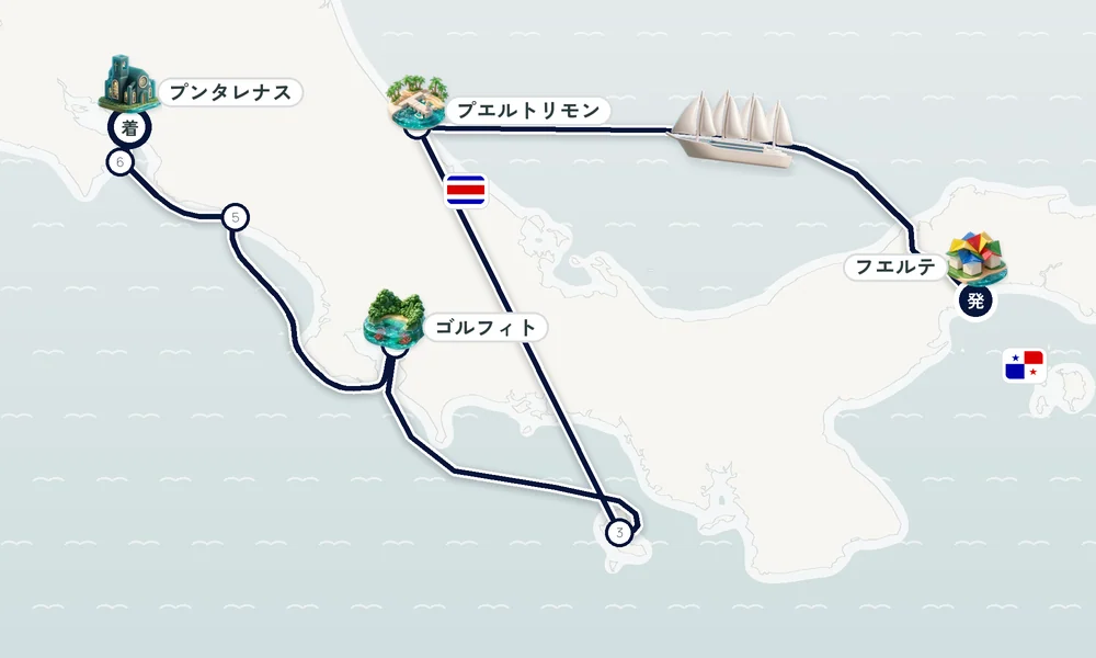 フエルテ・アマドール港（パナマシティ）発 プンタレナス（プエルト・カルデラ）着 プエルトリモン・コイバ島・ゴルフィト 8日間の航路