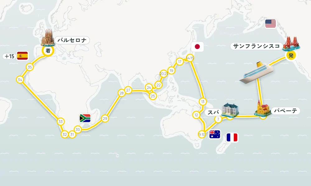 サンフランシスコ（カリフォルニア州）発 バルセロナ着 ホノルル・ヒロ（ハワイ島）・パペーテ（タヒチ島 / フランス領ポリネシア） 98日間の航路