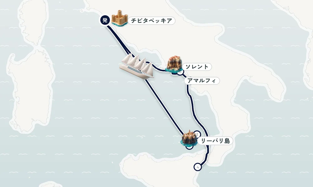 チビタベッキア（ローマ県）発着 リーパリ島・ストロンボリ島・ジャルディーニ＝ナクソス（シチリア島） 9日間の航路