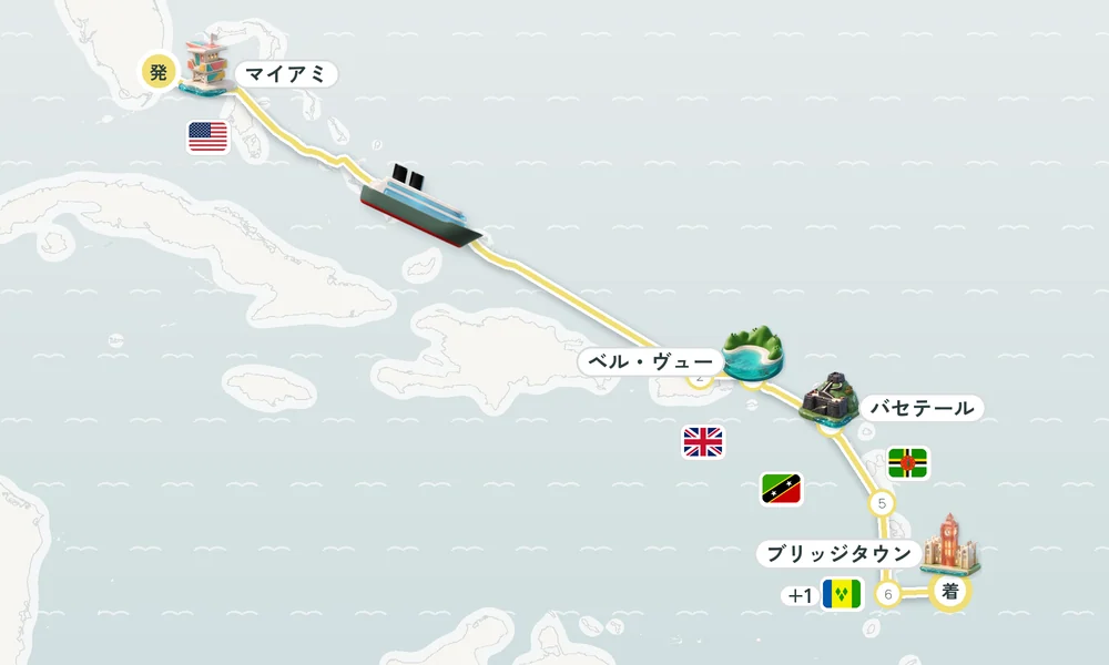 マイアミ（フロリダ州）発 ブリッジタウン着 サンフアン（プエルトリコ島）・ベル・ヴュー（ヨスト・ヴァン・ダイク島）・バセテール（セントクリストファー島） 9日間の航路
