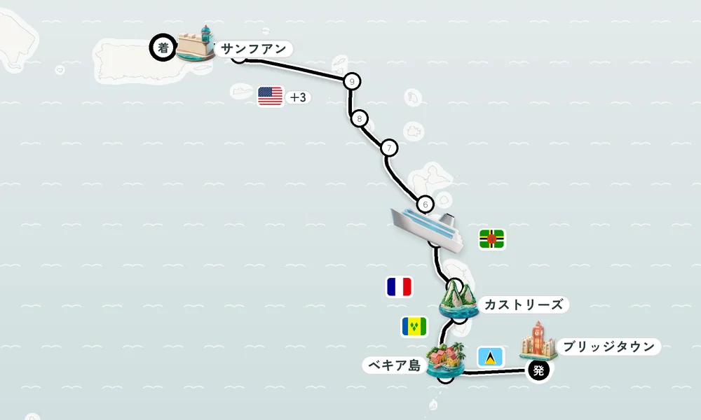 ブリッジタウン発 サンフアン（プエルトリコ島）着 ベキア島・カストリーズ（セントルシア）・レ・ザンス＝ダルレ（マルティニーク島） 11日間の航路