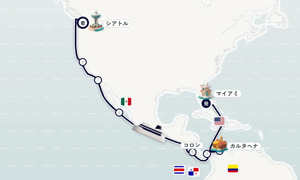 マイアミ（フロリダ州）発 シアトル（ワシントン州）着 カルタヘナ・コロン・パナマ運河 19日間の航路