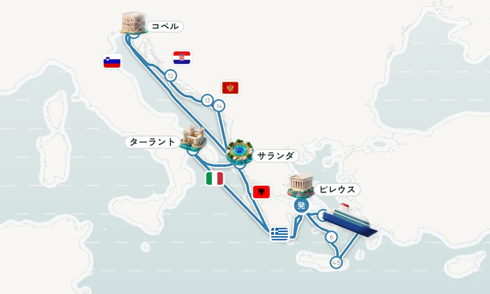 ピレウス（アテネ）発着 シロス島・コス島・アイオス・ニコラオス 19日間の航路