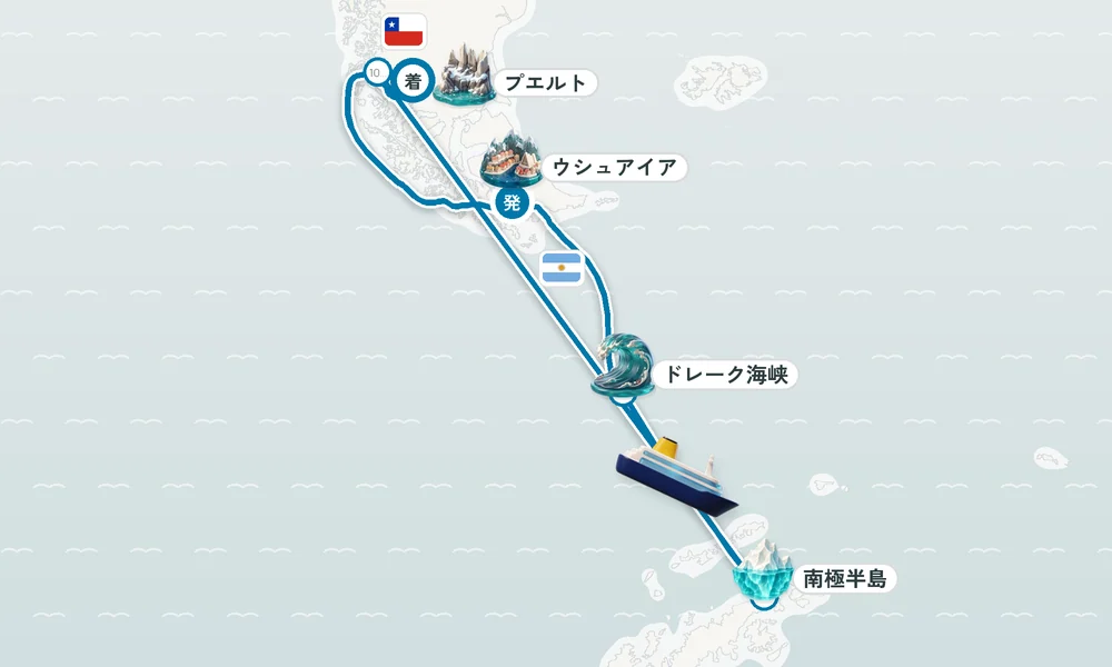 ウシュアイア発 プエルト・ナタレス着 ドレーク海峡・南極半島・チリ・フィヨルド 17日間の航路