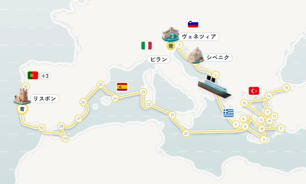 ヴェネツィア発 リスボン着 ピラン・シベニク・コトル 37日間の航路