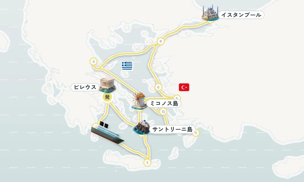 ピレウス（アテネ）発着 モネンバシア・アイオス・ニコラオス・ミコノス島 15日間の航路