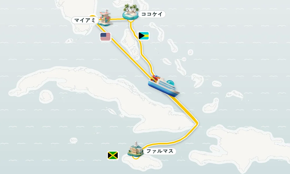 マイアミ（フロリダ州）発着 ココケイ・ファルマス 6日間の航路