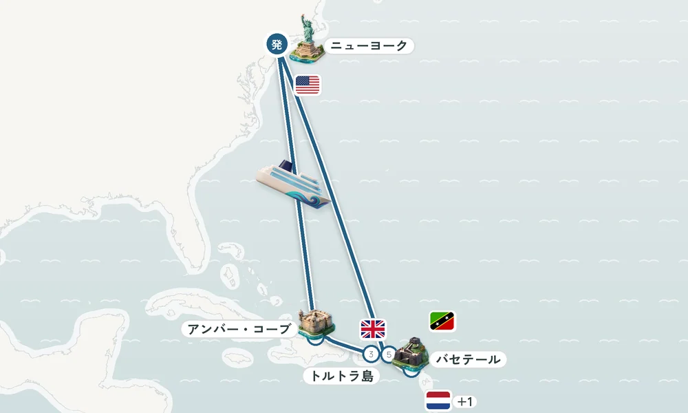 ニューヨーク（マンハッタン・ブルックリン）発着 アンバー・コーブ・サンフアン（プエルトリコ島）・バセテール（セントクリストファー島） 13日間の航路