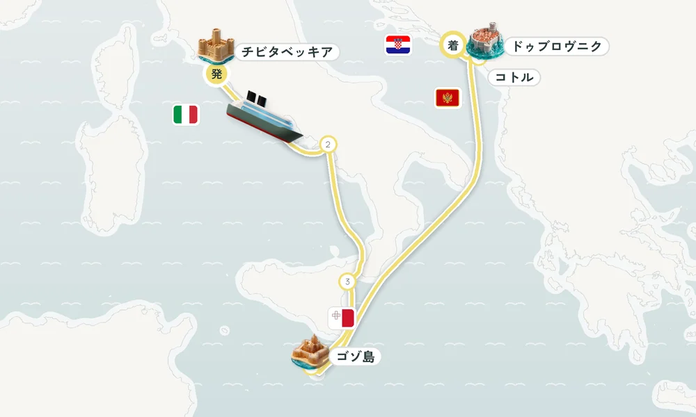 チビタベッキア（ローマ県）発 ドゥブロヴニク着 サレルノ・ジャルディーニ＝ナクソス（シチリア島）・ゴゾ島 8日間の航路