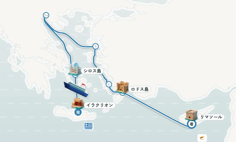 イラクリオン（クレタ島）発 リマソール着 シロス島・テッサロニキ・レスボス島 10日間の航路
