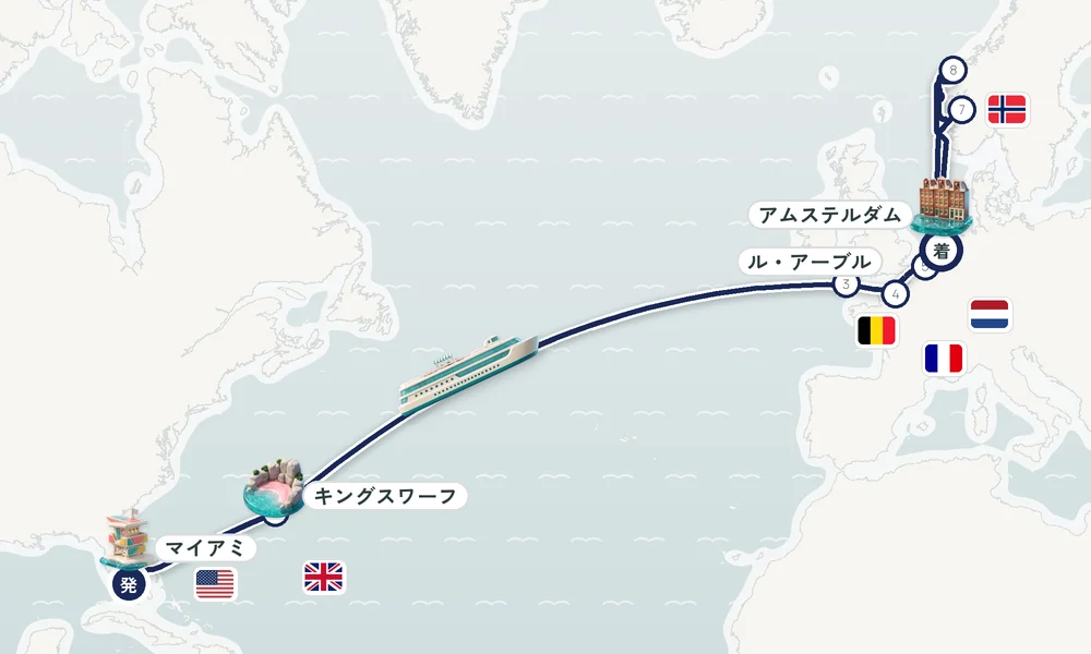 マイアミ（フロリダ州）発 アムステルダム着 キングスワーフ（バミューダ諸島）・ファルマス・ル・アーブル（パリ） 22日間の航路