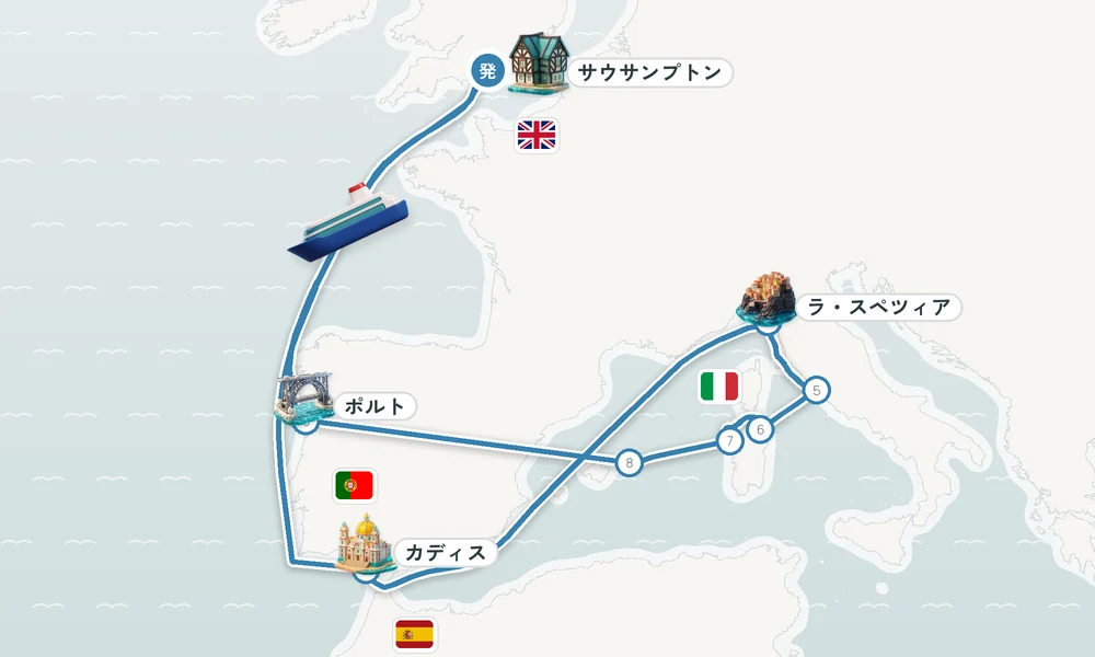 サウサンプトン発着 カディス・ラ・スペツィア・チビタベッキア（ローマ県） 19日間の航路