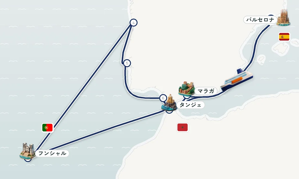 バルセロナ発着 タンジェ・フンシャル（マデイラ諸島）・ポルト 12日間の航路