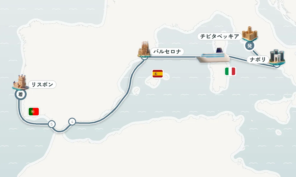 チビタベッキア（ローマ県）発 リスボン着 ナポリ・バルセロナ・マラガ 8日間の航路