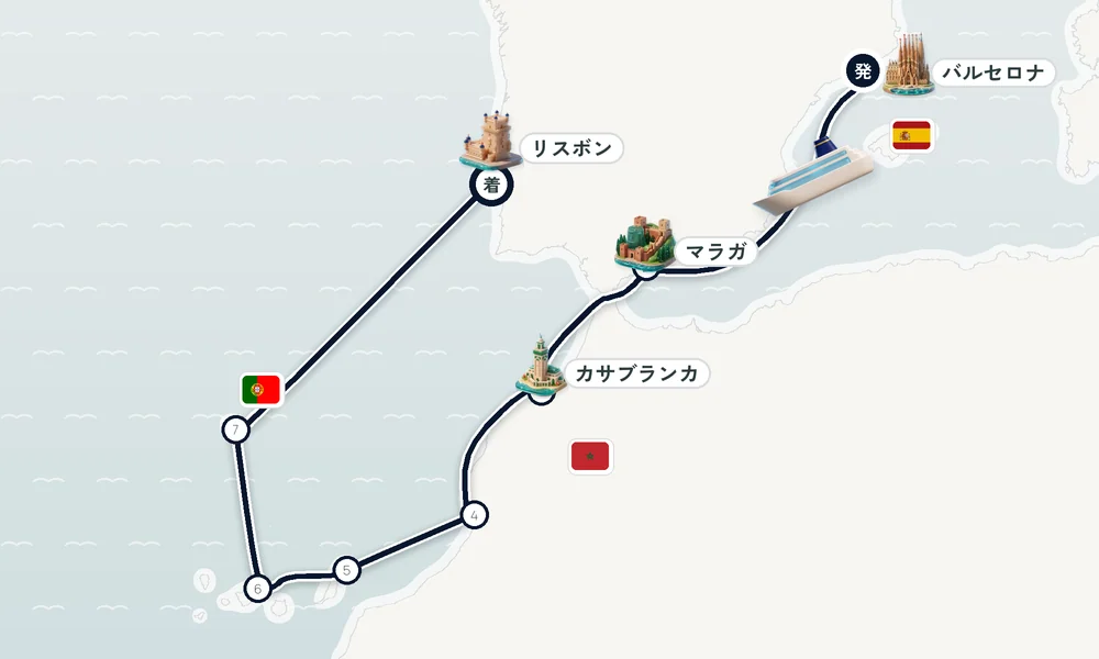 バルセロナ発 リスボン着 マラガ・カサブランカ ・アガディール 10日間の航路