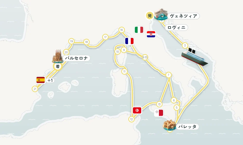 ヴェネツィア発 バルセロナ着 ロヴィニ・ヴィス島・バレッタ 25日間の航路