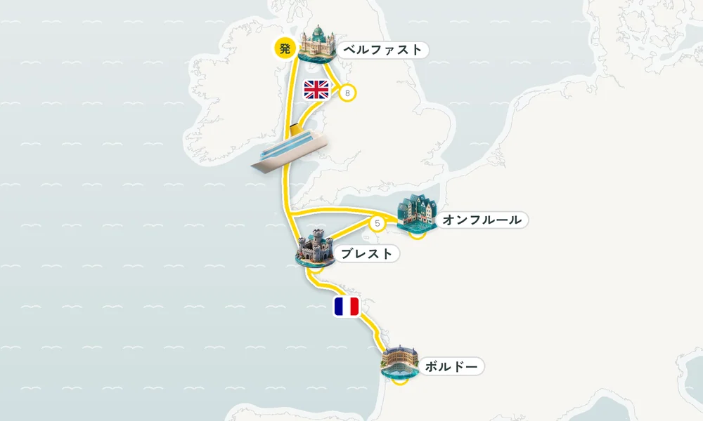 ベルファスト（北アイルランド）発着 ブレスト・ボルドー・シェルブール＝オクトヴィル 13日間の航路