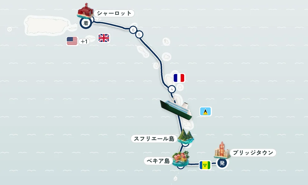 ブリッジタウン発 シャーロット・アマリー（セント・トーマス島）着 ベキア島・スフリエール島（セントルシア）・レ・サント諸島（フランス領グアドループ） 8日間の航路